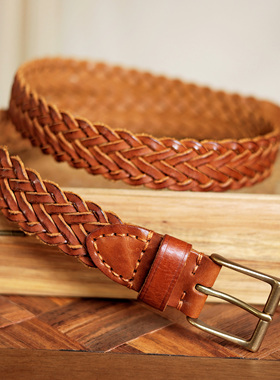 意大利头层植鞣头层纯牛皮复古铜扣手工编织皮带休闲百搭腰带男款