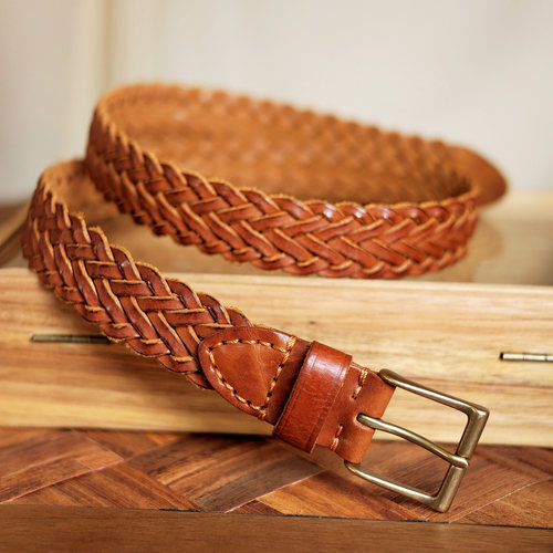 头层纯牛皮复古铜扣手工编织皮带