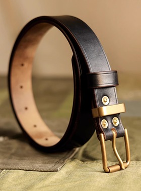 美国霍尔文Horween茶芯皮 手工头层牛皮纯铜腰带简约休闲复古皮带