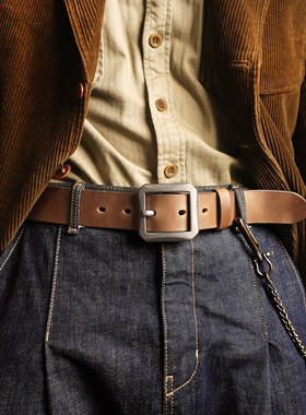 Horween美国霍尔文头层真牛皮八角白铜扣腰带手工美式复古皮带3.8