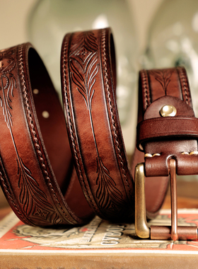 美式复古阿美咔叽重磅牛皮手工雕花休闲牛仔裤工装皮带男士腰带