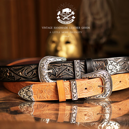 男女西部真牛皮镀银复古手工皮带