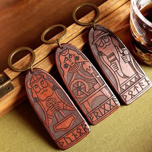 维京战士复古手工雕刻图案真皮钥匙扣 包包挂件汽车挂饰牛皮包挂