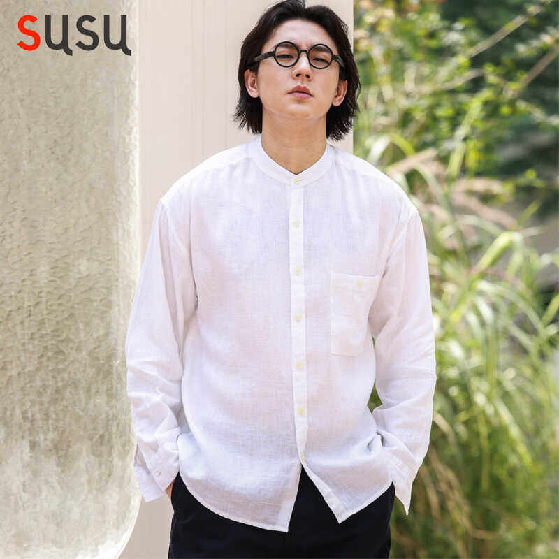 日系亚麻白衬衫男长袖立领春夏薄款痞帅休闲宽松棉麻衬衣大码上衣