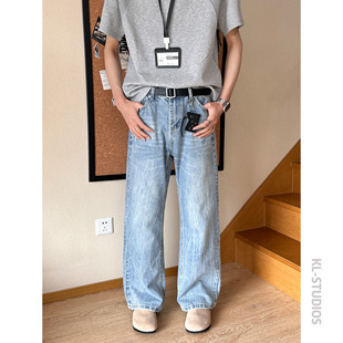 闪电裂纹水洗蓝牛直筒微喇叭磨破洞百搭牛仔裤 可乐自制 2021M