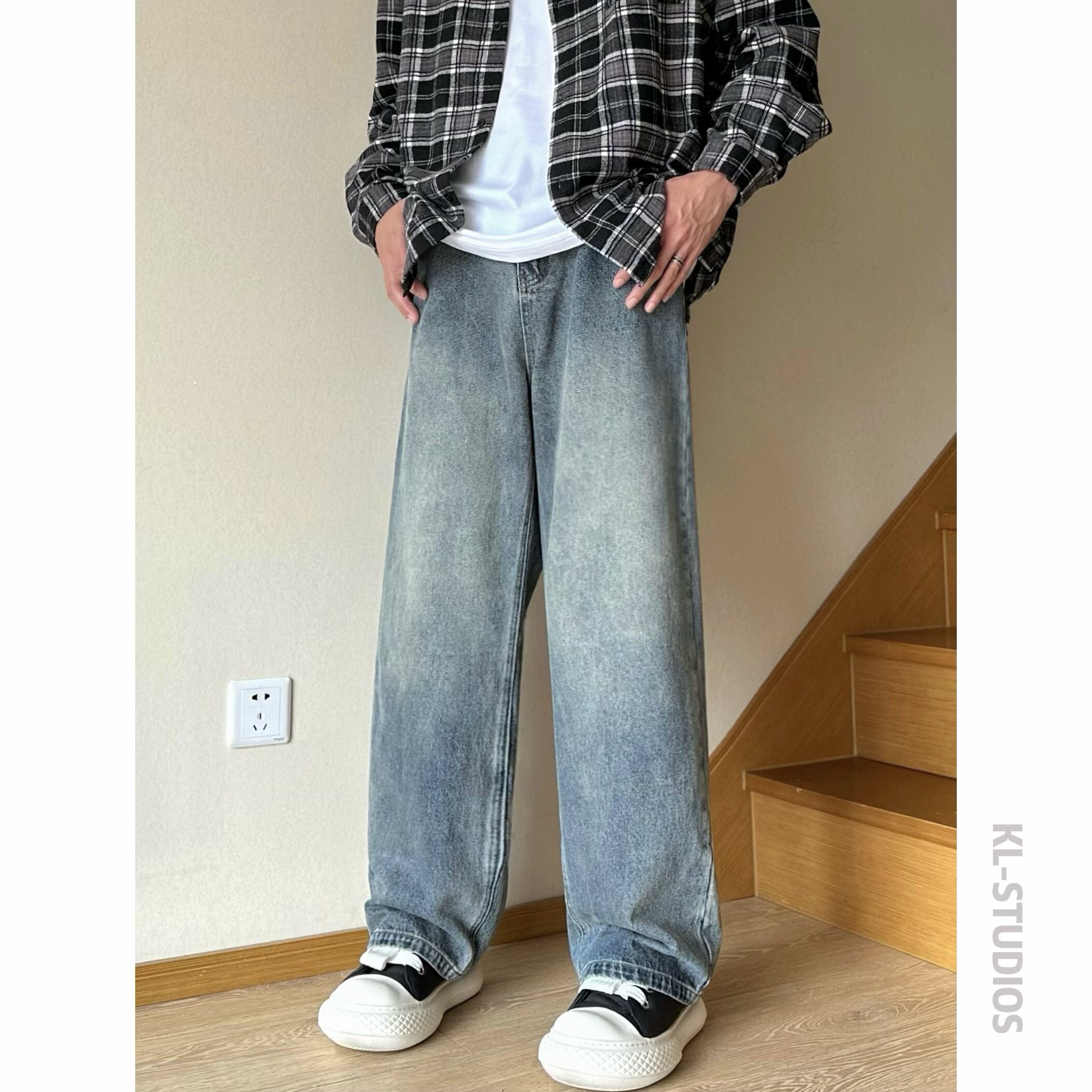 可乐自制美式高街cleanfit水洗做旧牛仔裤潮直筒显瘦百搭复古