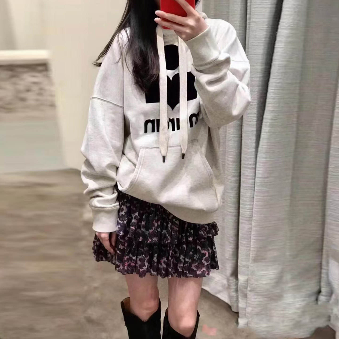跨境供货高定版法式IM经典常青植绒印花连帽卫衣女中长款套头帽衫