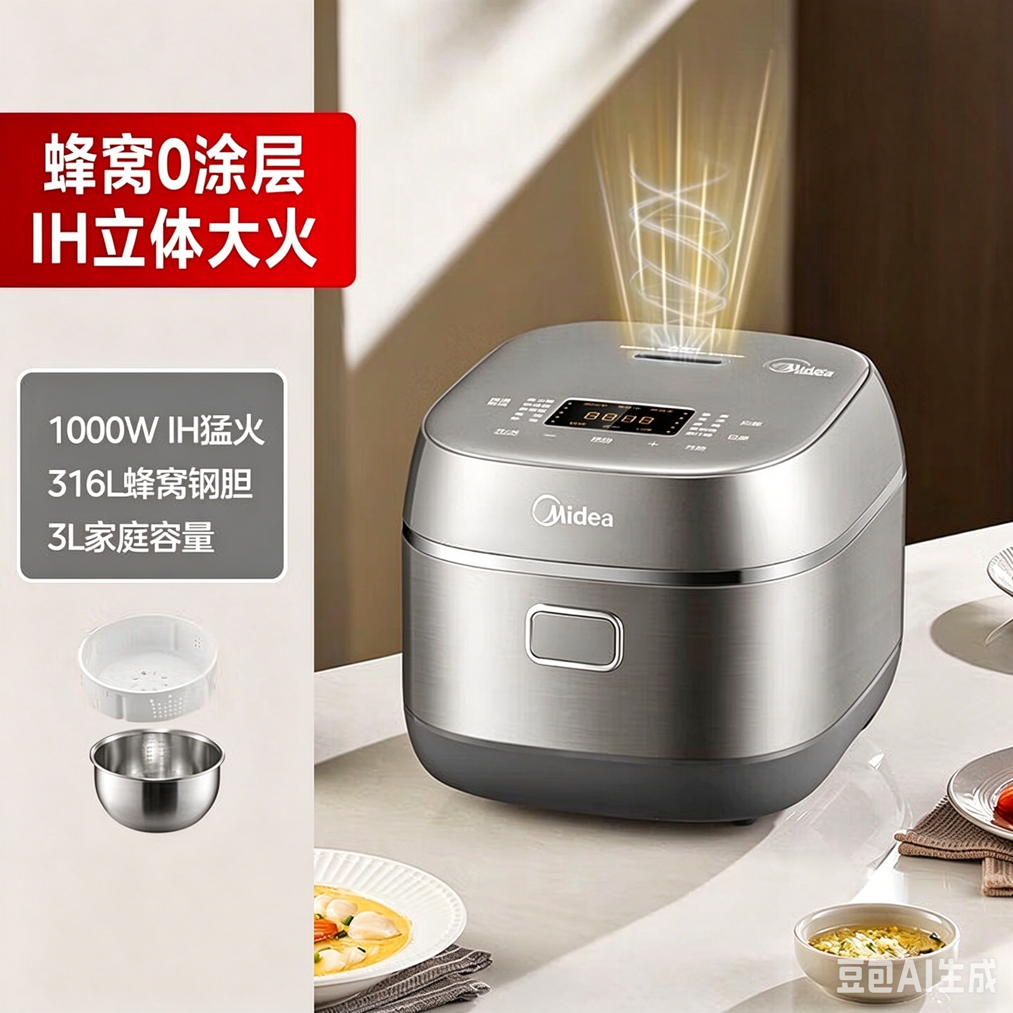 Midea/美的 HC343S电饭煲4L系列家用0涂层IH电饭锅316L不锈钢