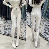 不透米白色两粒排扣加宽高腰小脚牛仔裤 四面弹黑色紧身九分铅笔裤