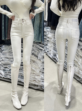 不透米白色两粒排扣加宽高腰小脚牛仔裤四面弹黑色紧身九分铅笔裤