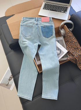 巨显少女感浅蓝色粉标烟管牛仔裤女九分2025新小个子高腰直筒裤子