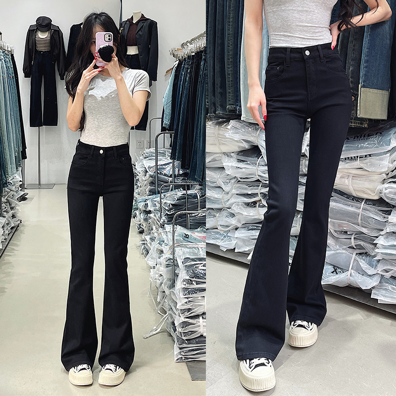 显高显瘦黑色微喇牛仔裤女2025新款弹力修饰小腿高腰喇叭拖地长裤
