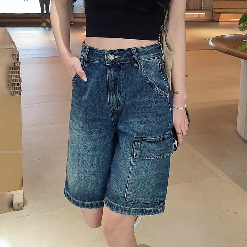 复古蓝大口袋工装牛仔五分裤女