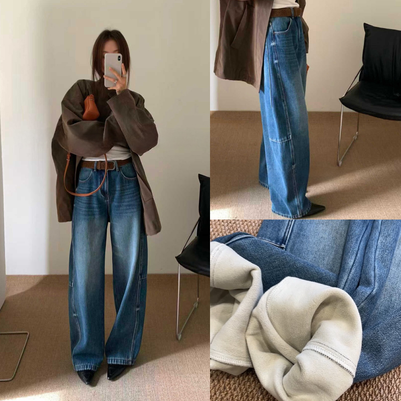 加厚绒美式复古宽松弯刀牛仔裤女