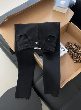 巨显瘦~薄绒黑色高腰小脚牛仔裤女九分2025毛边紧身小个子铅笔裤