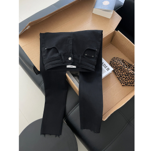 巨显瘦~薄绒黑色高腰小脚牛仔裤女九分2025毛边紧身小个子铅笔裤