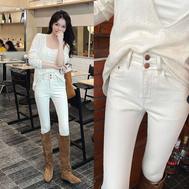 米白排扣高腰紧身显瘦小脚裤九分