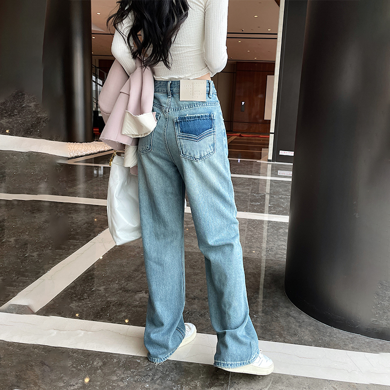 小个子浅蓝色撞色口袋窄版阔腿裤