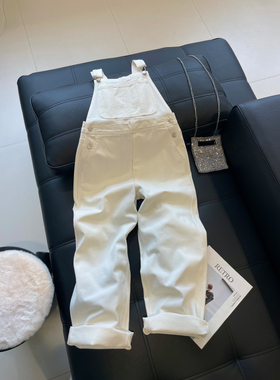 韩系白色背带牛仔裤女春夏宽松减龄慵懒风吊带直筒高腰阔腿长裤子