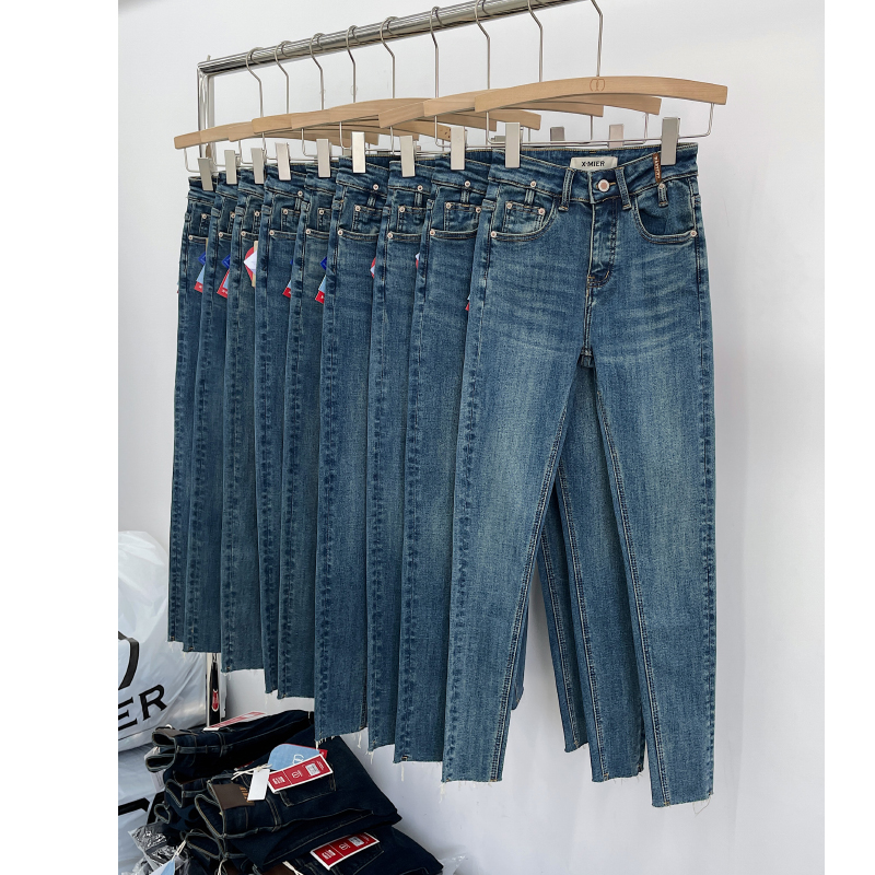 秋冬深蓝色加薄绒小脚牛仔裤九分