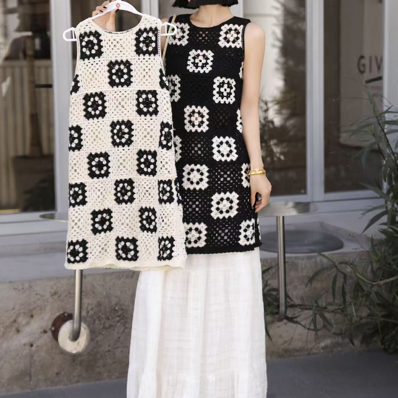 法式复古手工钩花镂空拼色背心裙