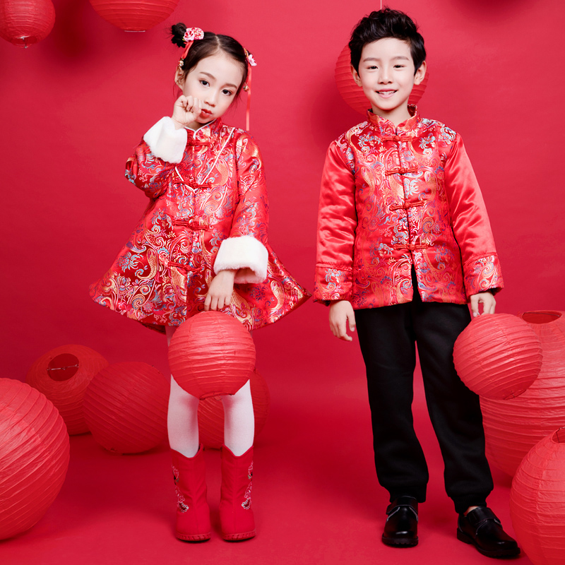 拜年服男童唐装中国风加厚套装过年宝宝装新年衣服儿童汉服女童冬