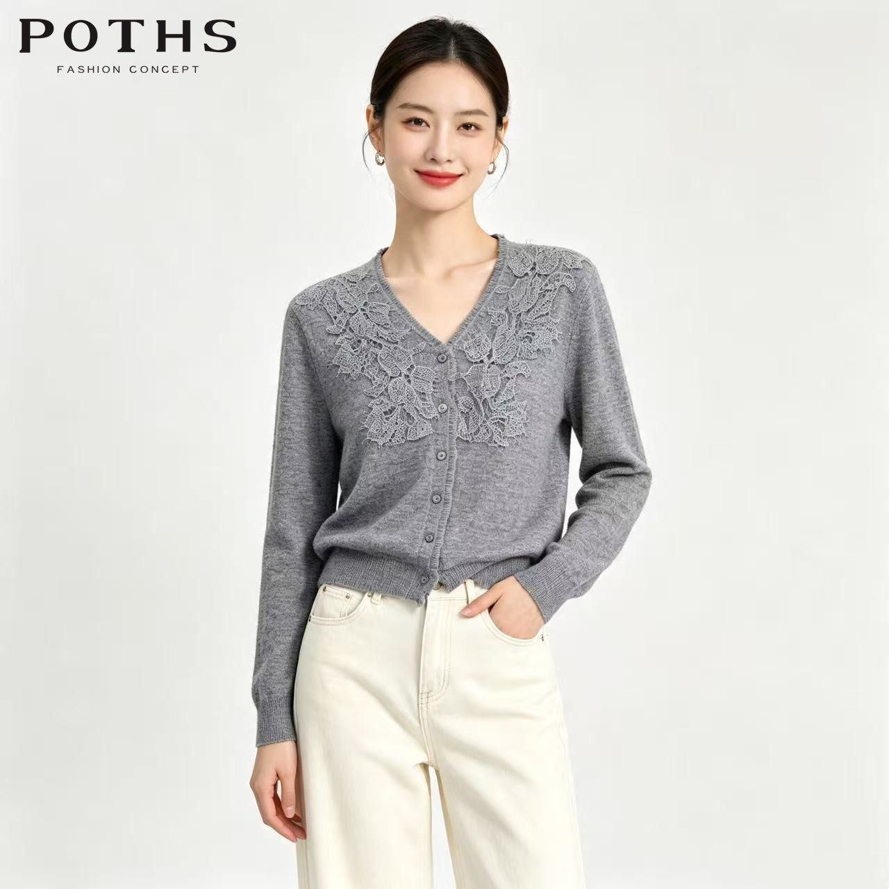 POTHS/铂玺2026冬气质V领蕾丝针织开衫灰色百搭短款上衣86806036