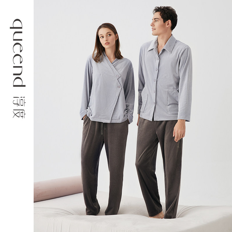 淳度海岛绒情侣睡衣男秋冬款加厚开衫大码珊瑚绒冬季家居服女薄绒