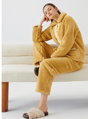 淳度珊瑚绒睡衣女冬款350G长袖加厚加绒保暖大码法兰绒家居服套装