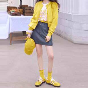 木耳边黄色冰冰袜子女夏季薄款网红外穿透气中筒袜春秋日系堆堆袜