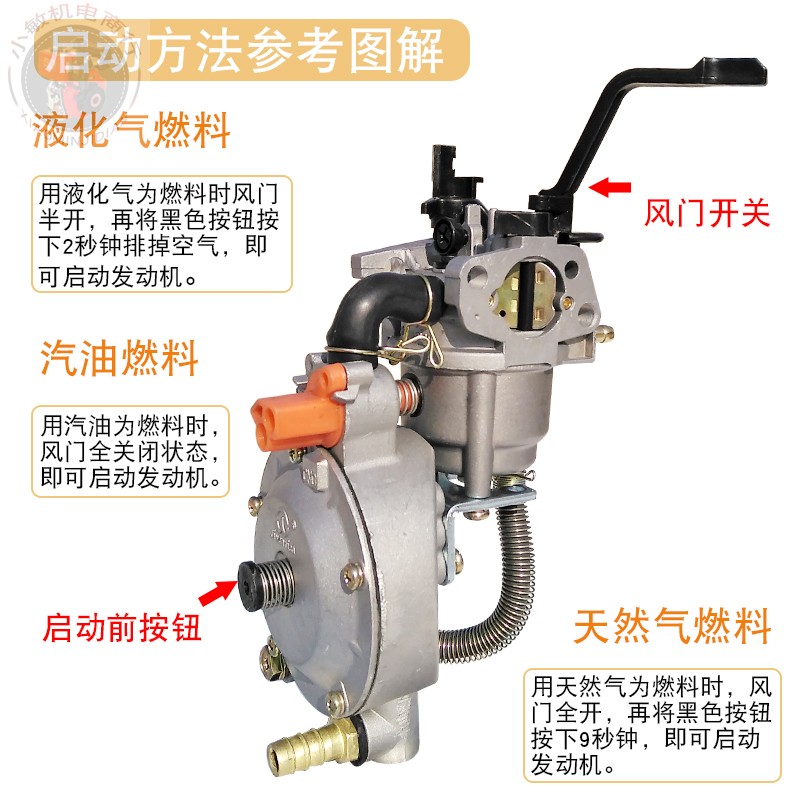 170F 2千瓦6.5KW3KW液化气煤气汽油双燃料发电机190F燃气化油器