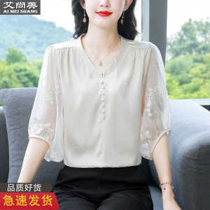 雪纺短袖女2024新款衬衫网纱上衣宽松显瘦遮肚子洋气时尚妈妈小衫