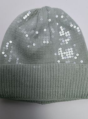 头围54-56cm薄荷绿亮片字母厚款针织帽毛线帽子保暖满20元包邮