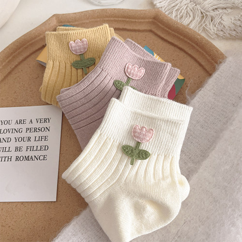 日系甜美可爱软妹郁金香短筒袜子女夏天舒适透气百搭立体小花短袜