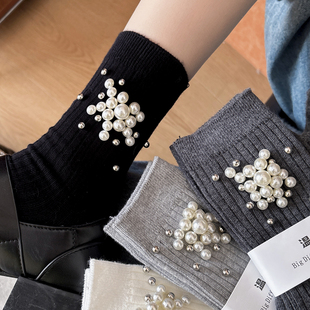 棉潮流网红珍珠外穿ins搭配小皮鞋 2025新款 四季 韩版 中筒女袜 爆款