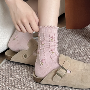 日系秋冬新款 田园碎花玫瑰花袜子女中筒袜ins学院风可爱麻花女袜