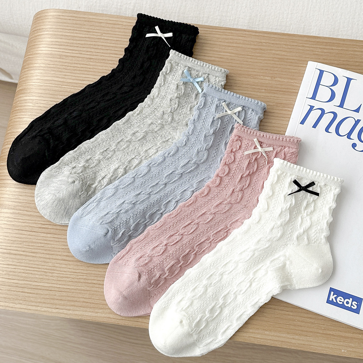 袜子女2026新款爆款麻花纹理蝴蝶结薄款透气短筒袜韩版百搭学院风