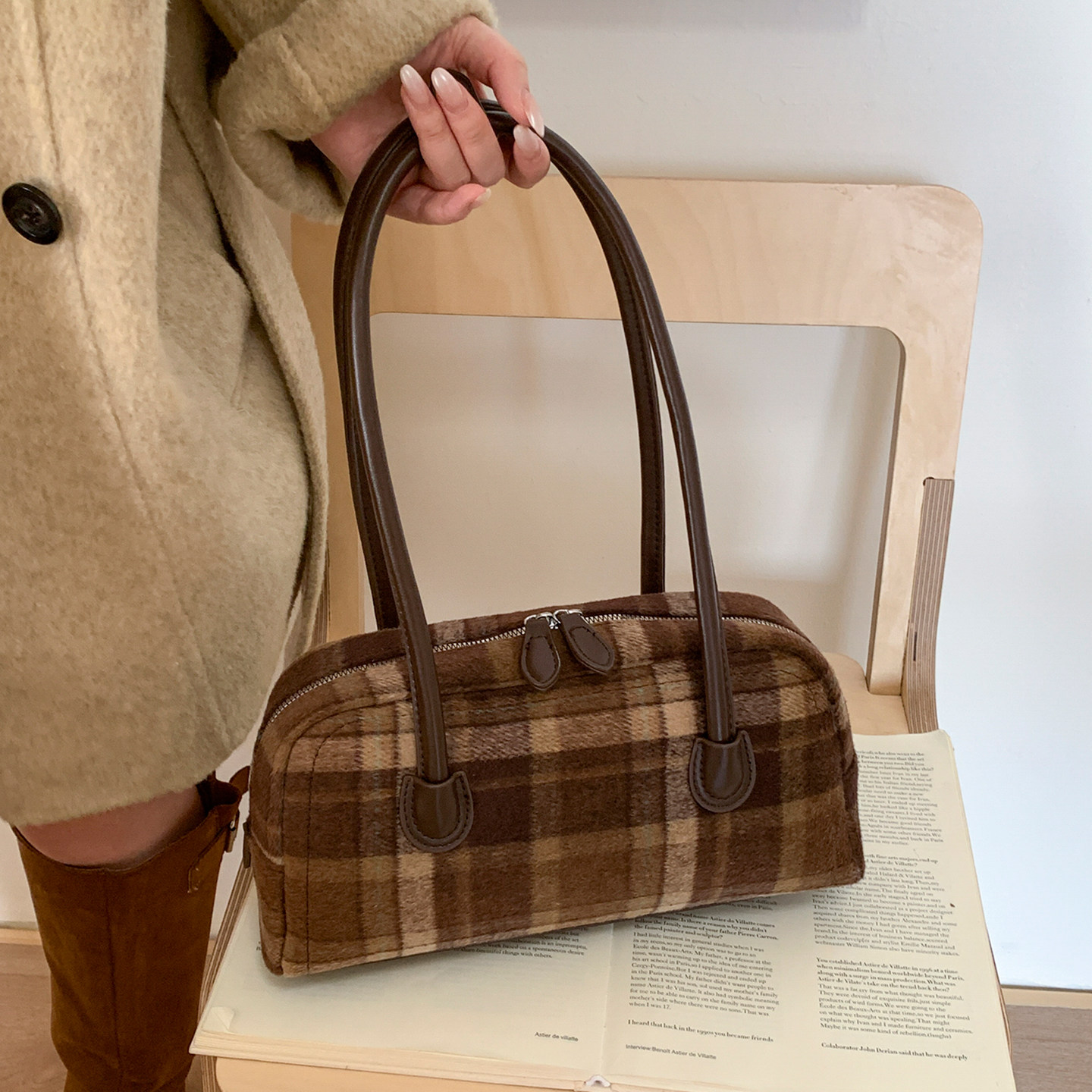 毛呢格纹小包包女2025新款复古上班通勤单肩包秋冬质感腋下枕头包,箱包皮具/热销女包/男包,通用款女包,淘宝优惠券,粉丝福利购,淘宝优惠卷