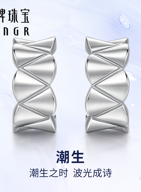 明牌珠宝t铂金潮生耳饰 Pt950白金耳钉女款简约精致耳环BFH0084