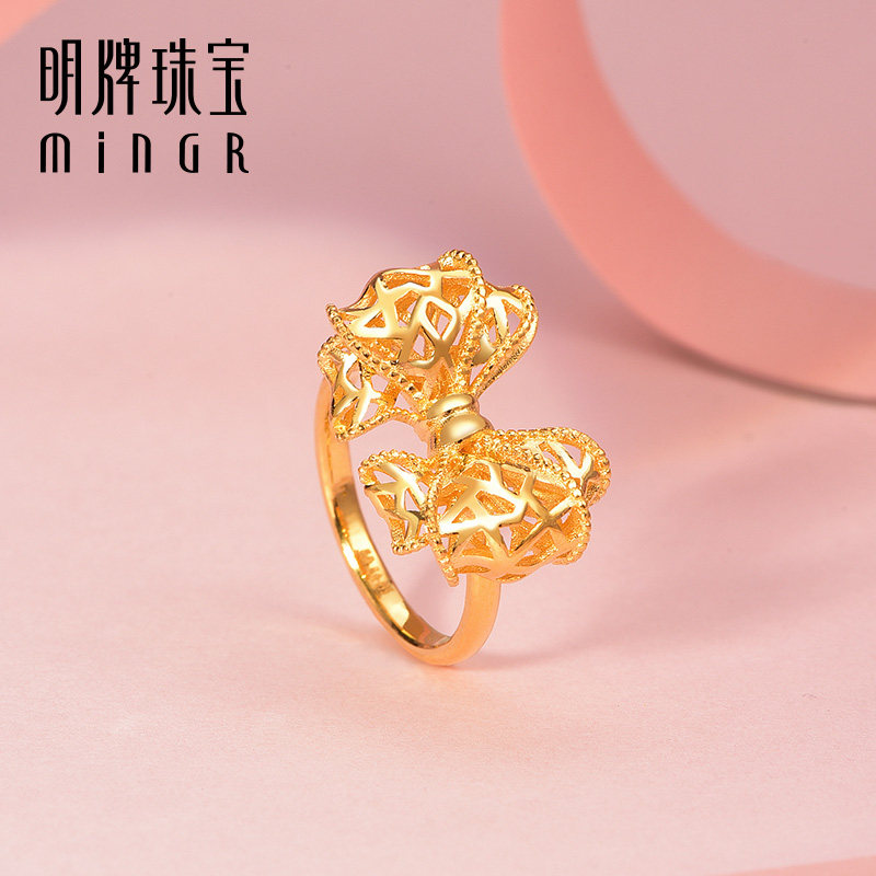 明牌珠宝黄金蝴蝶结戒指 足金呆口女戒镂空灵感蝴蝶结戒指afm0235