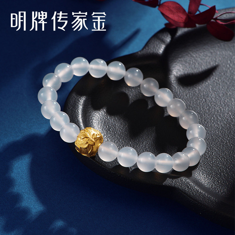 明牌珠宝古法黄金串珠 传家金十里荷风金珠黄金白玉髓手串afe0008