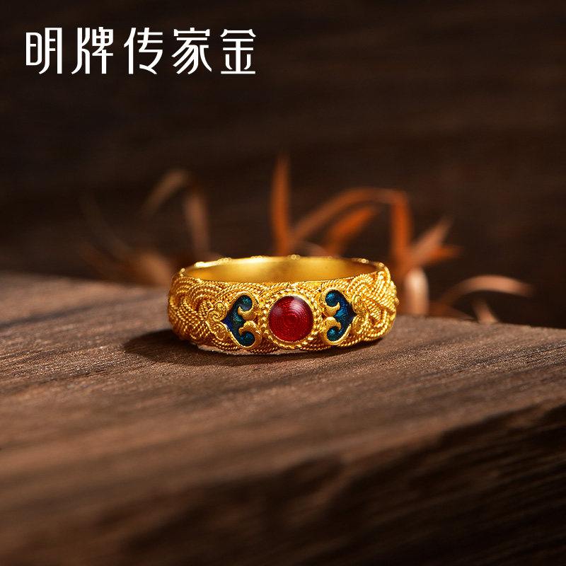 明牌珠宝古法黄金戒指 传家金丹阳戒足金花丝古风女戒afm0252