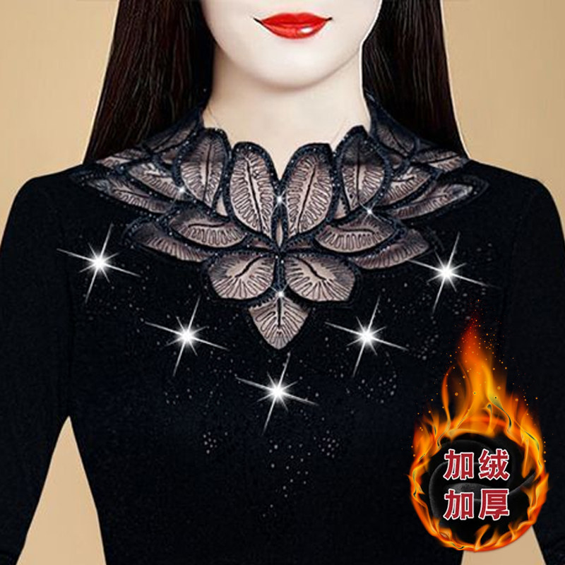 时尚烫钻打底衫女新款秋冬高档网蕾丝衫/雪纺衫