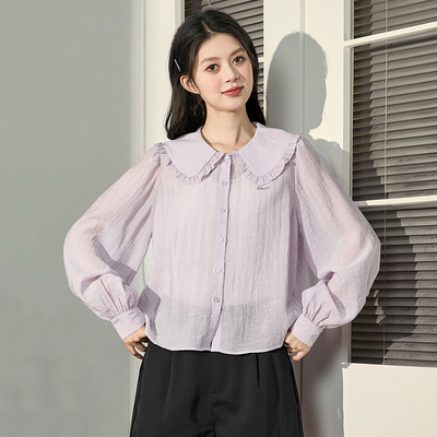 唐狮女装甜美娃娃领宽松长袖衬衫