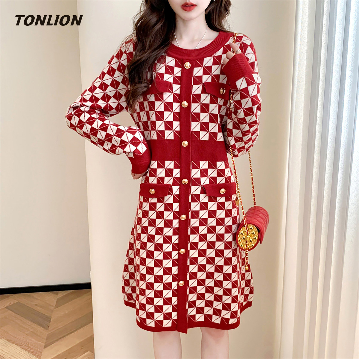 唐狮小香风针织连衣裙女2025冬季新款红色格子高级感显瘦气质裙子