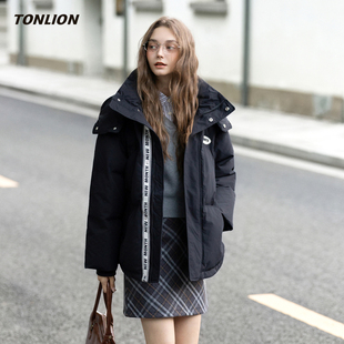 唐狮黑色短款羽绒服女2025冬季新款宽松连帽小个子设计感保暖外套