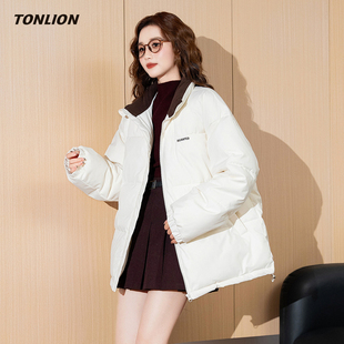 唐狮今年流行的冬装外套女新款白色棉袄撞色立领宽松保暖棉衣棉服