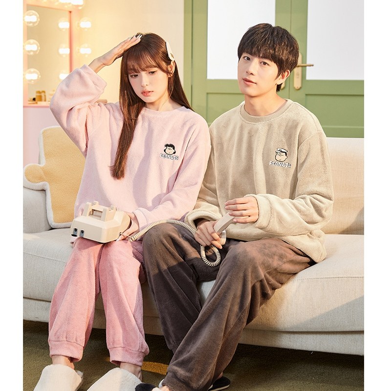 唐狮情侣睡衣女2025秋冬新款加厚珊瑚绒可外穿家居服男士保暖套装