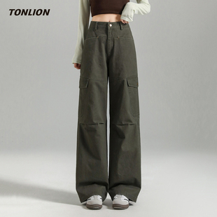 宽松显瘦高腰直筒百搭休闲裤 唐狮军绿色工装 新款 女2026春季 阔腿裤