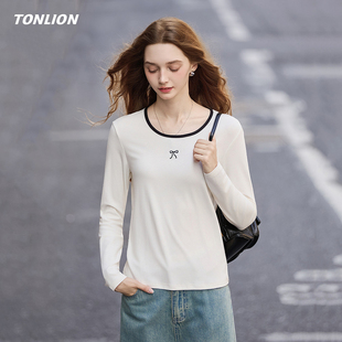 唐狮长袖T恤女2026春季新款撞色蝴蝶结设计感修身显瘦打底衫上衣